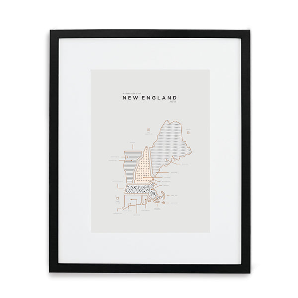 New England Map Print - Black Frame With Mat