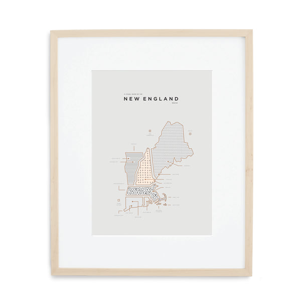 New England Map Print - Wood Frame With Mat