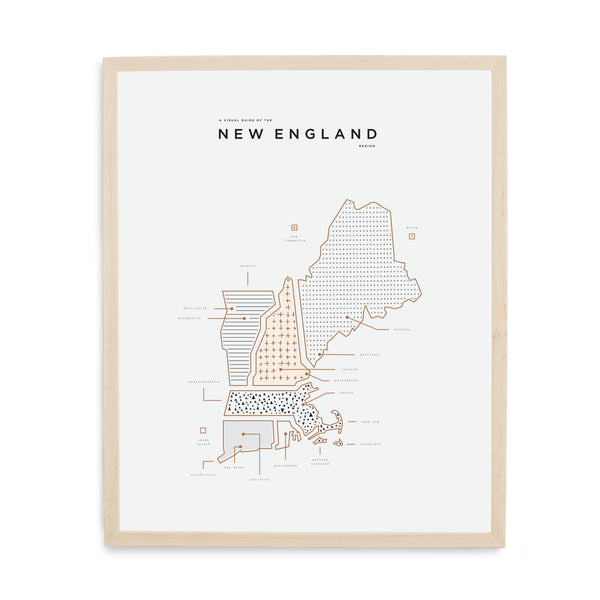 New England Map Print - Wood Frame